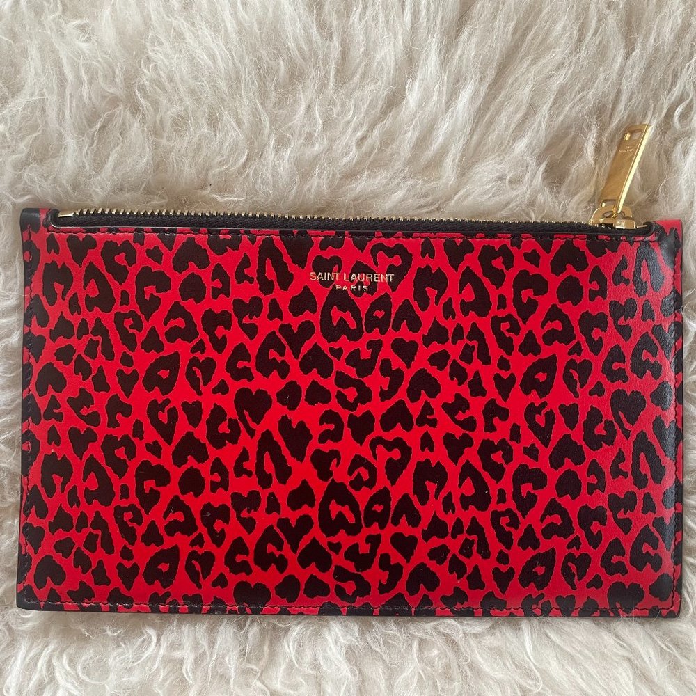 Saint Laurent Rouge Leopard Printed Calfskin Leather Medium Pouch